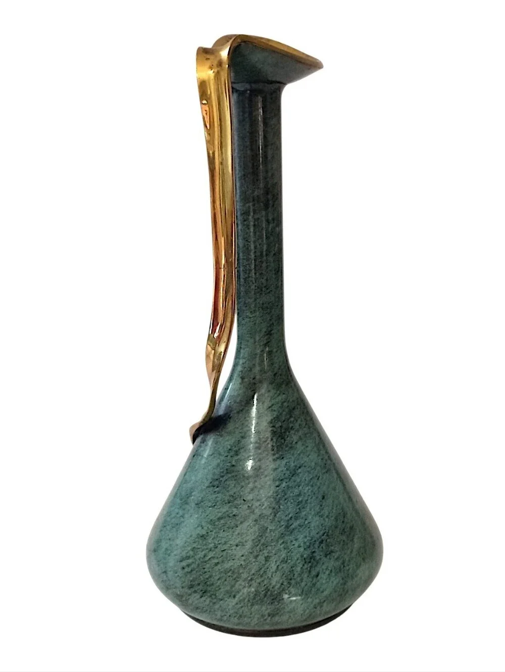 Vintage Pal Bell Brass Ewer Pitcher Israel Green Enamel MCM Modernist Freeform